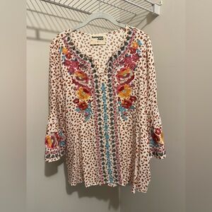 Savanna Jane Cream and Brown Patterned Blouse
